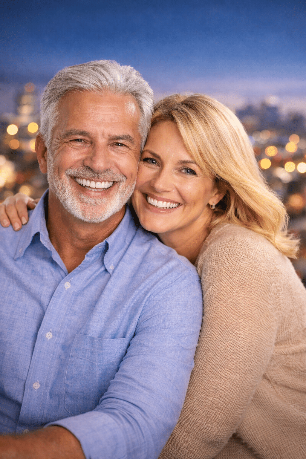 man and woman in front of a city smiling