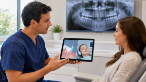 oral surgeon talking to a patient about whether they need to be asleep for wisdom tooth extraction